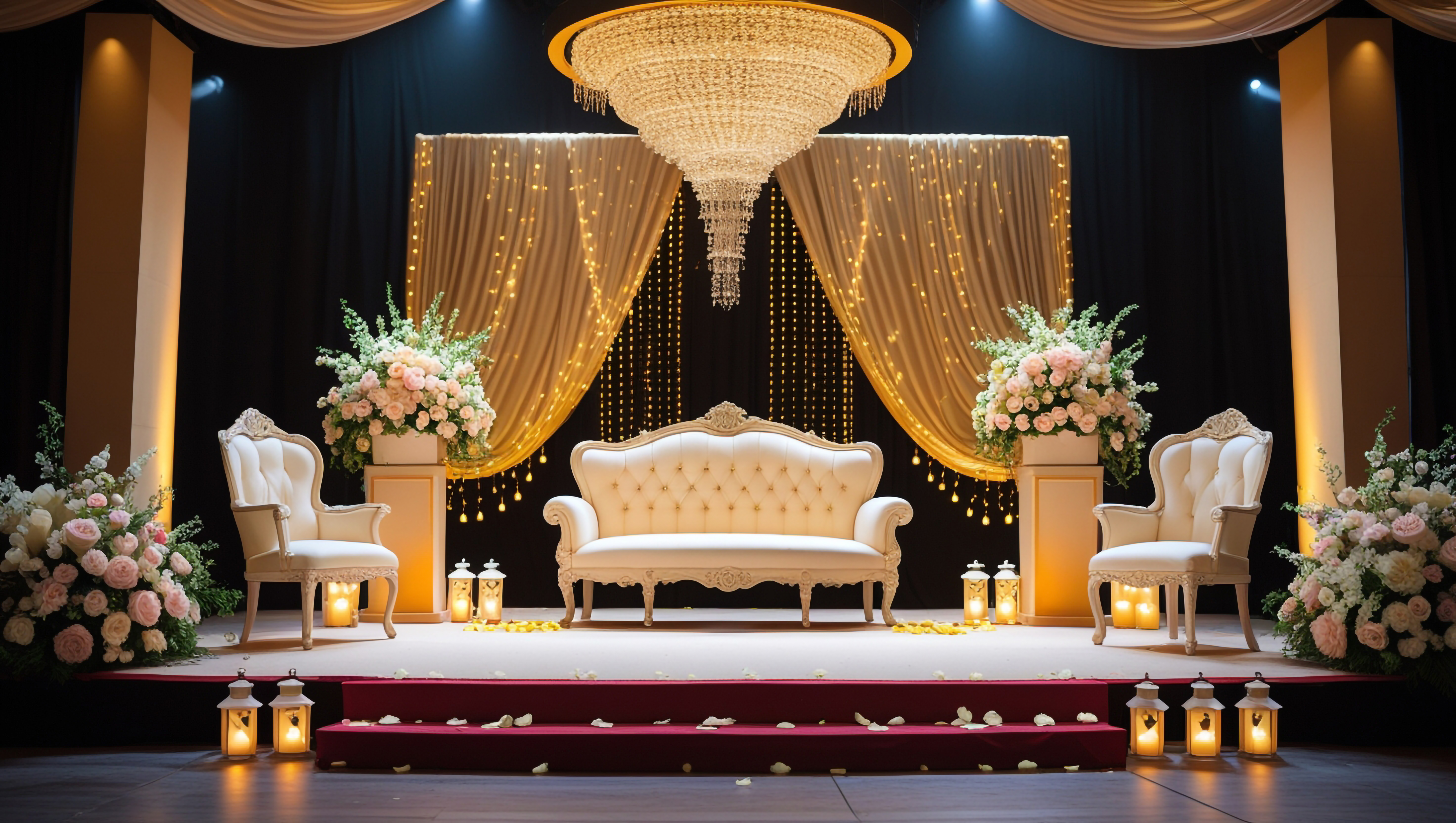 Romantic wedding stage with candles and drapes