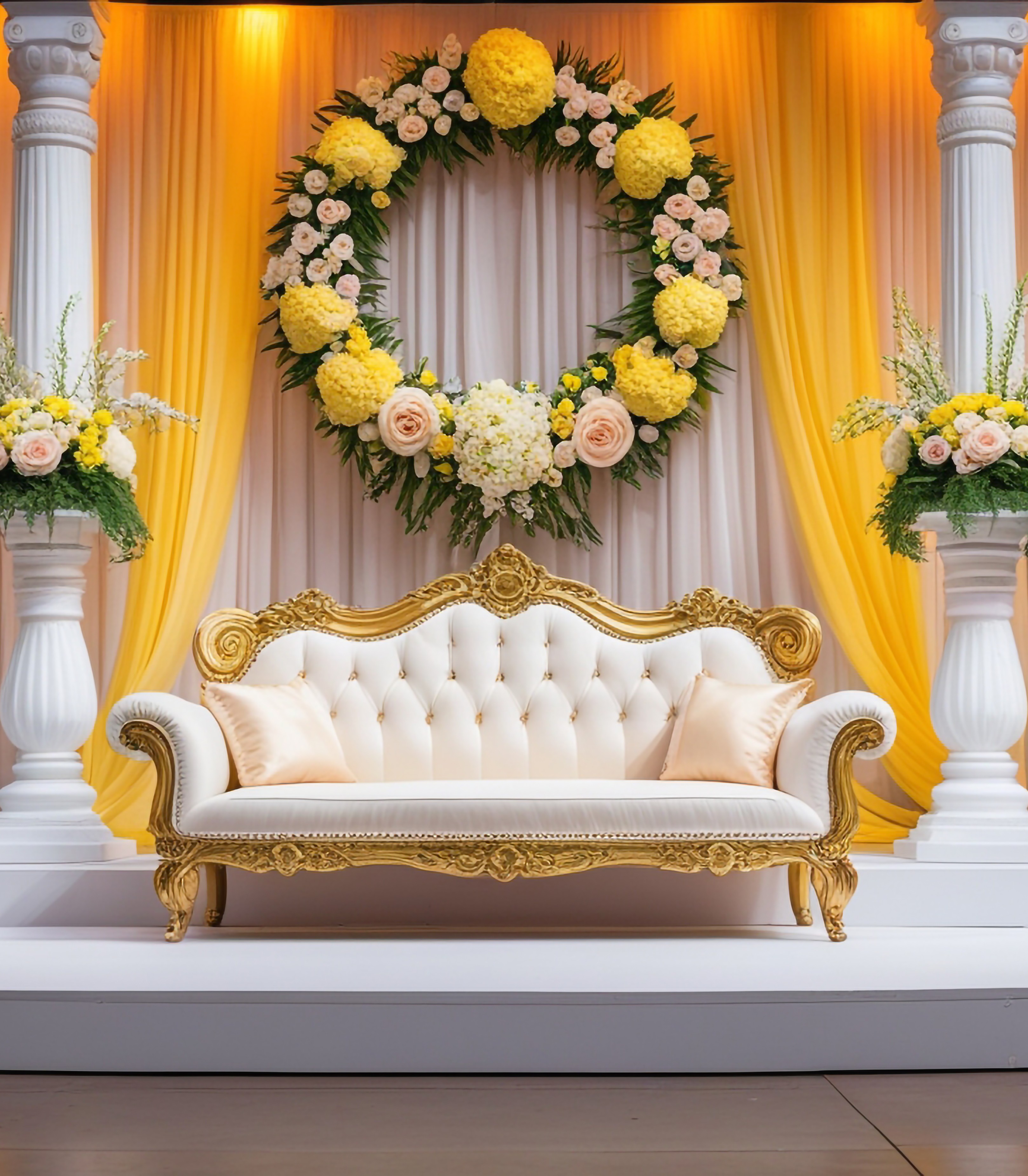Traditional wedding stage decoration with floral arch